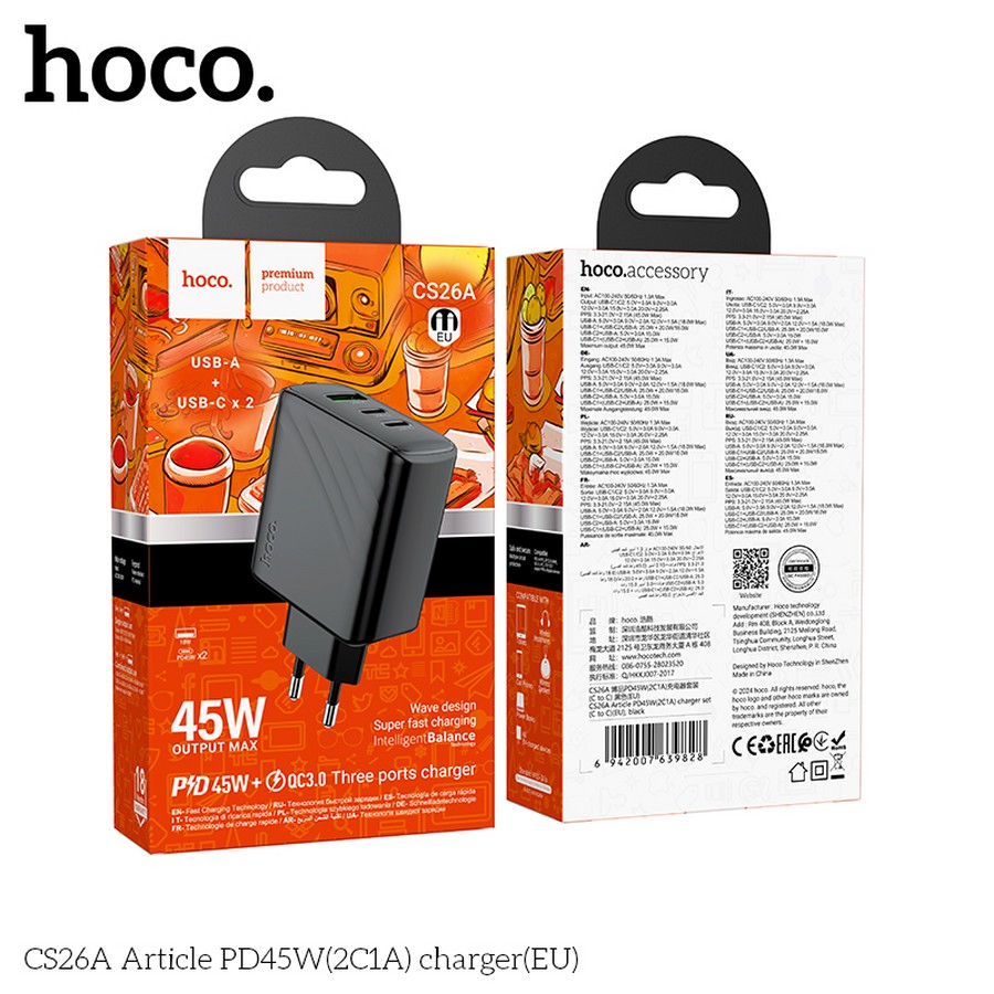    :  Hoco CS26A PD45W +Quick Charge 3.0 1 USB/2 Type-C 45W 